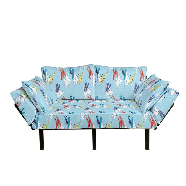 Daybed with Metal Frame Upholstered Sofa for Living Dorm Sun Look Motif in Triangles Geometrical Shapes Art Deco Illustration Ambesonne Boho White Futon Couch Sea Blue and Ivory Loveseat 